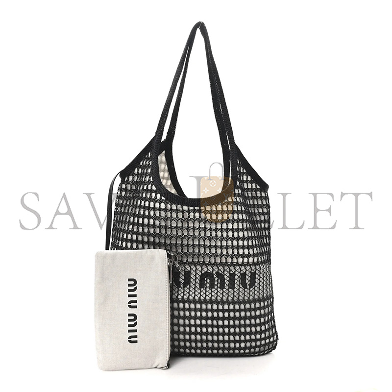 MIU MIU BLACK LOGO LEATHER-TRIMMED CROCHET TOTE BAG 5BG231 (40*35cm)